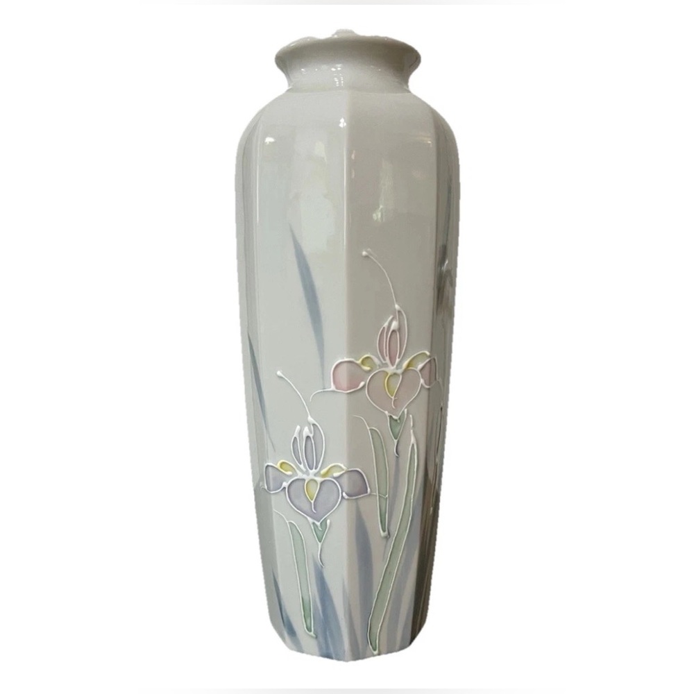 Vintage Hand Painted Vase Porcelain OTAGIRI Japan 10.5" Floral Iris Pastels 80s